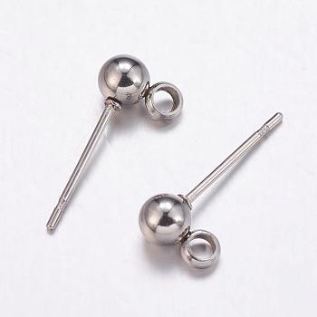 304 Stainless Steel Ball Stud Earrings Findings, with Loop, Stainless Steel Color, 7x4mm, Hole: 2mm, Pin: 0.8mm