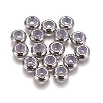 304 Stainless Steel Beads, with Rubber Inside, Slider Beads, Stopper Beads, Rondelle, Stainless Steel Color, 10x4~5mm, Hole: 5mm, Rubber Hole: 3.5mm