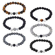 3 Sets 3 Style Natural & Synthetic Mixed Gemstone & Glass Round Beaded Stretch Bracelet Sets, Alloy Heart Stackable Bracelets, Inner Diameter: 2-1/8~2-3/8 inch(5.5~6cm), 2Pcs/set, 1 Set/style(BJEW-FI0001-39)