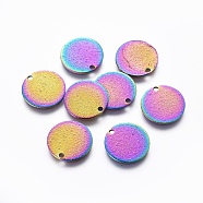 Ion Plating(IP) 304 Stainless Steel Charms, Textured, Flat Round, Rainbow Color, 15x0.8mm, Hole: 1.6mm(STAS-G201-04D-M)
