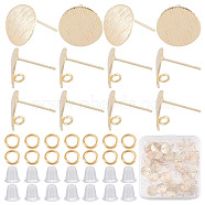 30Pcs Drawbench Flat Round Brass Stud Earring Findings, with Vertical Loops & 30Pcs Open Jump Rings & 100Pcs Plastic Ear Nuts, Real 18K Gold Plated, 12x1mm, Hole: 2mm, Pin: 0.5mm(KK-CN0002-37)