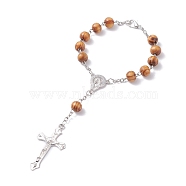 Religious Prayer Pine Wood Beaded Rosary Bracelet, Virgin Mary Crucifix Cross Long Charm Bracelet for Easter, Platinum, 7-3/8 inch(18.7cm)(BJEW-O140-02P)