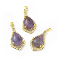 Natural Amethyst Pendants, Teardrop Charms, with Golden Tone Rack Plating Brass Findings, Cadmium Free & Lead Free, 32x18.5x9.5mm, Hole: 8x4.5mm(G-H283-04A)