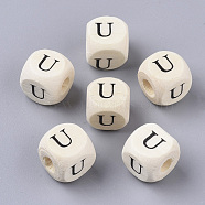 Printed Natural Wood Beads, Horizontal Hole, Cube with Initial Letter, PapayaWhip, Letter.U, 10x10x10mm, Hole: 3.5mm(X-WOOD-T026-001U)