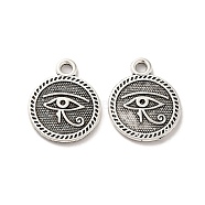 Tibetan Style Alloy Pendants, Flat Round with Egyptian Eye of Horus Charm, Antique Silver, 18.5x15x1.5mm, Hole: 2mm, about 416pcs/500g(TIBE-B001-43AS)
