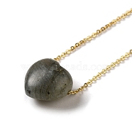 Natural Labradorite Heart Pendant Necklace with Golden Alloy Cable Chains, 23.82 inch(60.5cm)(NJEW-G116-01G)
