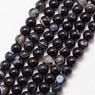 Natural Striped Agate/Banded Agate Bead Strands, Round, Grade A, Dyed & Heated, Black, 6mm, Hole: 1mm, about 61pcs/strand, 15 inch(G-K166-13-6mm-05)