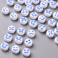 White Opaque Acrylic Beads, Flat Round with Expression, Dodger Blue, 7x4mm, Hole: 1.6mm, about 3650pcs/500g(MACR-N008-42-A03)
