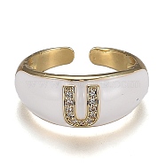 Brass Micro Pave Clear Cubic Zirconia Cuff Rings, Open Rings, with Enamel, Cadmium Free & Lead Free, Golden, Letter.U, US Size 7 1/4, Inner Diameter: 17.6mm(RJEW-H538-03G-U)