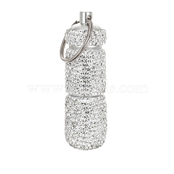 Aluminum Alloy Small Portable Multi-use Box Keychain, with Rhinestone, Column, for Cotton Swab, Toothpick, Crystal, 69x22mm(PW-WG46917-01)