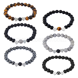 3 Sets 3 Style Natural & Synthetic Mixed Gemstone & Glass Round Beaded Stretch Bracelet Sets, Alloy Heart Stackable Bracelets, Inner Diameter: 2-1/8~2-3/8 inch(5.5~6cm), 2Pcs/set, 1 Set/style(BJEW-FI0001-39)