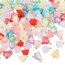 200Pcs 2 Style Transparent Acrylic Charms, with ABS Plastic Imitation Pearl Beads and Golden Tone Brass Findings, Flower, Mixed Color, 11x9.5mm, Hole: 1.6mm, 100pcs/style(FIND-DC0001-23)