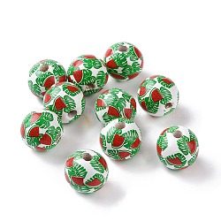 Summer Hawaii Theme Schima Wood European Beads, Large Hole Beads, Round with Monstera, Watermelon Pattern, 15~16mm, Hole: 4mm(WOOD-G015-02A)