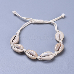 Adjustable Cowrie Shell Braided Bead Bracelets, with Waxed Cotton Cords, Pale Goldenrod, 10-1/2 inch(26.6cm)(BJEW-JB04271)