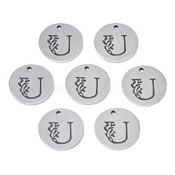 304 Stainless Steel Charms, Laser Cut, Designed Letter Engraved, Flat Round, Stainless Steel Color, Letter.U, 14x1mm, Hole: 1.2mm(STAS-T059-26P-U)