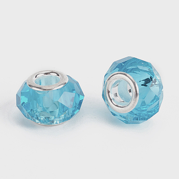 Faceted Glass European Beads, Large Hole Beads, with Silver Tone Brass Core, Rondelle, Deep Sky Blue, 13.5~14x8.5~9mm, Hole: 5mm