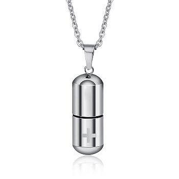 316L Stainless Steel Pill with Cross Urn Ashes Pendant Necklace with Cable Chains, Memorial Jewelry for Men Women, Stainless Steel Color, 19.69 inch(50cm)