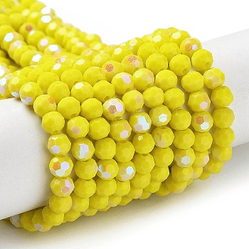 Opaque Glass Beads Strands, Faceted, Round, Yellow, 4mm, Hole: 0.8mm, about 93~95pcs/strand, 14.37~14.49''(36.5~36.8cm)