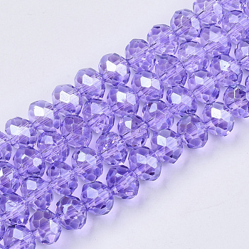 Baking Paint Glass Beads Strands, Pearl Luster Plated, Faceted, Rondelle, Lilac, 8x6mm, Hole: 1mm, about 69pcs/strand, 16.93 inch(43cm)