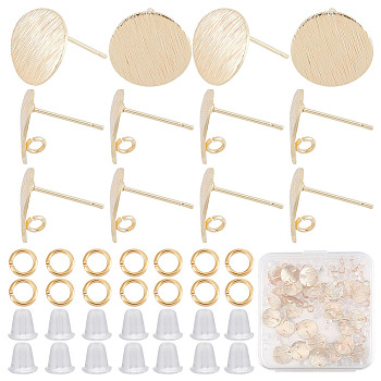 30Pcs Drawbench Flat Round Brass Stud Earring Findings, with Vertical Loops & 30Pcs Open Jump Rings & 100Pcs Plastic Ear Nuts, Real 18K Gold Plated, 12x1mm, Hole: 2mm, Pin: 0.5mm