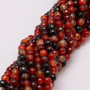 Natural Striped Agate/Banded Agate Bead Strands, Dyed, Faceted, Round, Saddle Brown, 6mm, Hole: 1mm, about 56~58pcs/strand, 14 inch