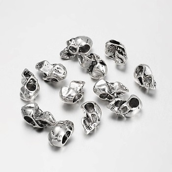 Tibetan Style European Beads, Lead Free, Large Hole Beads, Skull for Halloween, Antique Silver, 17x9x10mm, Hole: 4mm