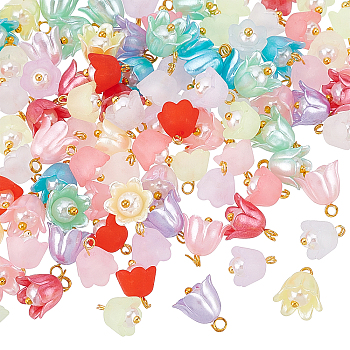 200Pcs 2 Style Transparent Acrylic Charms, with ABS Plastic Imitation Pearl Beads and Golden Tone Brass Findings, Flower, Mixed Color, 11x9.5mm, Hole: 1.6mm, 100pcs/style