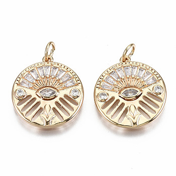 Brass Micro Pave Clear Cubic Zirconia Pendants, Nickel Free, Flat Round, Real 18K Gold Plated, 19x17x2mm, Jump Ring: 5x0.7mm, 3mm inner diameter