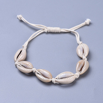 Adjustable Cowrie Shell Braided Bead Bracelets, with Waxed Cotton Cords, Pale Goldenrod, 10-1/2 inch(26.6cm)