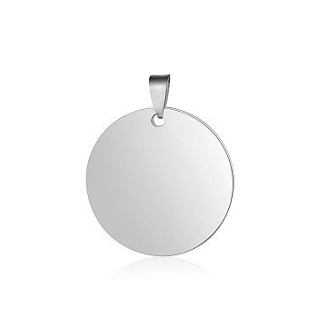201 Stainless Steel Pendants, Manual Polishing, Flat Round, Stamping Blank Tag, Stainless Steel Color, 29.5~30x1.5mm, Hole: 8.5x3.5mm
