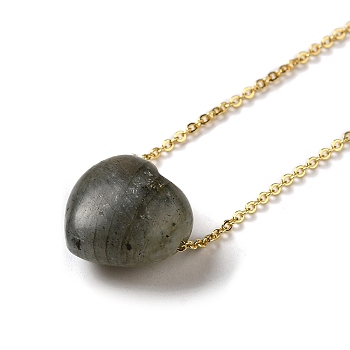 Natural Labradorite Heart Pendant Necklace with Golden Alloy Cable Chains, 23.82 inch(60.5cm)