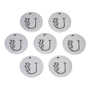 304 Stainless Steel Charms, Laser Cut, Designed Letter Engraved, Flat Round, Stainless Steel Color, Letter.U, 14x1mm, Hole: 1.2mm