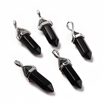 Natural Obsidian Pendants, Faceted, with Platinum Tone Brass Findings, Lead free & Cadmium Free, Bullet, 27~30x9~10x7~8mm, Hole: 4x3mm