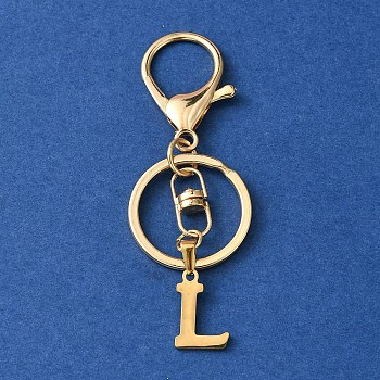 304 Stainless Steel Initial Letter Charm Keychains, with Alloy Clasp, Golden, Letter L, 8.5cm