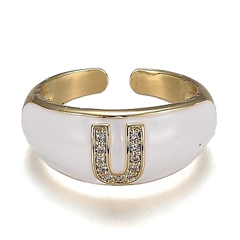 Brass Micro Pave Clear Cubic Zirconia Cuff Rings, Open Rings, with Enamel, Cadmium Free & Lead Free, Golden, Letter.U, US Size 7 1/4, Inner Diameter: 17.6mm