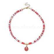 Alloy Enamel Flower Pendant Necklace, with Polymer Clay Disc Beaded Chains, Red, 21.65''(55cm)(NJEW-JN04537-02)
