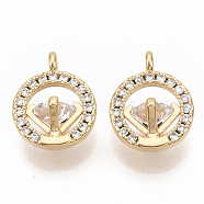 Brass Micro Pave Clear Cubic Zirconia Charms, Nickel Free, Ring with Diamond, Real 18K Gold Plated, 12.5x10x7mm, Hole: 1.5mm(ZIRC-T011-22G-NF)