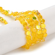 Transparent Electroplate Glass Beads Strands, AB Color Plated, Faceted, Flat Round, Gold, 4x4x2.5mm, Hole: 1.1mm, about 145~155pcs/strand, 20.08''~21.65''(51~55cm)(GLAA-Q099-A01-12)
