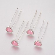 (Defective Closeout Sale), Lady's Hair Forks,with Silver Color Plated Iron Findings, Rhinestone and Acrylic, Heart, Crystal, Pearl Pink, 71mm(PHAR-XCP0001-L04)