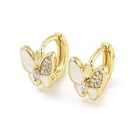Butterfly Real 18K Gold Plated Brass Hoop Earrings, with Enamel and Clear Cubic Zirconia, White, 10.5x9mm(EJEW-L269-083G-01)