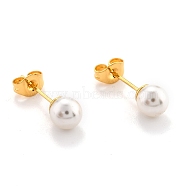 Plastic Imitation Pearl Stud Earrings, with 304 Stainless Steel Pins and Ear Nuts, Round Ball, Golden, 6mm, Pin: 0.6mm, 6pairs/card(STAS-D0001-03-G-A)