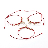 Adjustable Nylon Thread Cord Bracelets, with Alloy Natural Pearl & Brass Rhinestone Charms, Red, 1/8 inch(0.4cm), Inner Diameter: 1 inch(2.5~10cm), 3pcs/set(BJEW-JB06398)