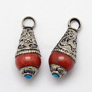 Brass Drop Pendants, with Resin Imitation Gemstone and Antique Silver, Dark Red, 26~28x11mm, Hole: 4mm(PALLOY-F127-B-05)