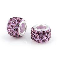 Polymer Clay Rhinestone European Beads, Large Hole Beads, Rondelle, with Silver Color Plated Brass Cores, Light Amethyst, 10~12x7~8mm, Hole: 5mm(CPDL-T001-08)