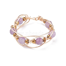 Round Natural Amethyst Braided Bead Finger Ring with Glass, Copper Wire Wrap Jewelry for Women, Golden, US Size 8 1/2(18.5mm)(RJEW-JR00450-02)