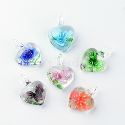 Handmade Luminous Lampwork Pendants, with Inner Flower, Heart, Mixed Color, 27~33x21~23x9~11mm, Hole: 4~7mm(X-LAMP-R136-04)