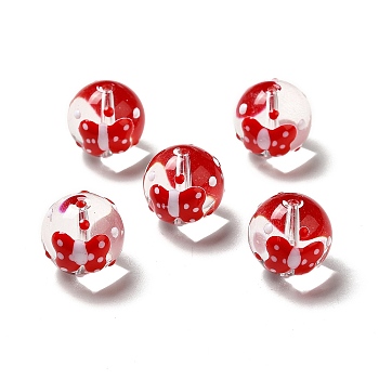 Handmade Lampwork Beads, Round with Butterfly Pattern, Red, 13.5~14x14.5~15mm, Hole: 1.5~1.8mm