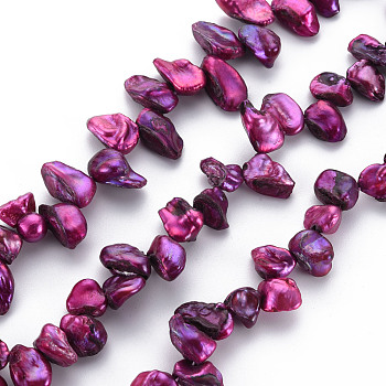 Natural Keshi Pearl Beads Strands, Cultured Freshwater Pearl, Dyed, Nuggets, Medium Violet Red, 8~17x6~12x3~7mm, Hole: 0.5mm, about 57~66pcs/strand, 14.96 inch(38cm)