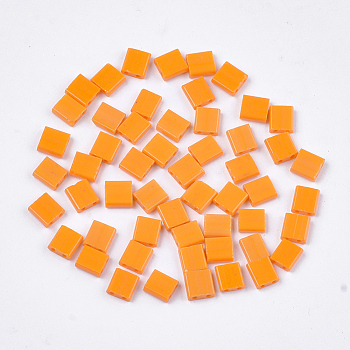 2-Hole Opaque Glass Seed Beads, Rectangle, Orange, 5x4.5~5.5x2~2.5mm, Hole: 0.5~0.8mm