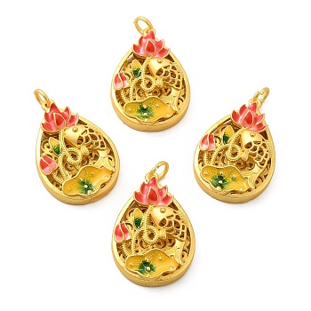 Alloy Enamel Pendants, with Jump Ring, Lead Free & Cadmium Free, Teardrop with Fish & Flower, Matte Gold Color, 32x21.5x7mm, Hole: 4mm, Jump Ring: 6x1mm